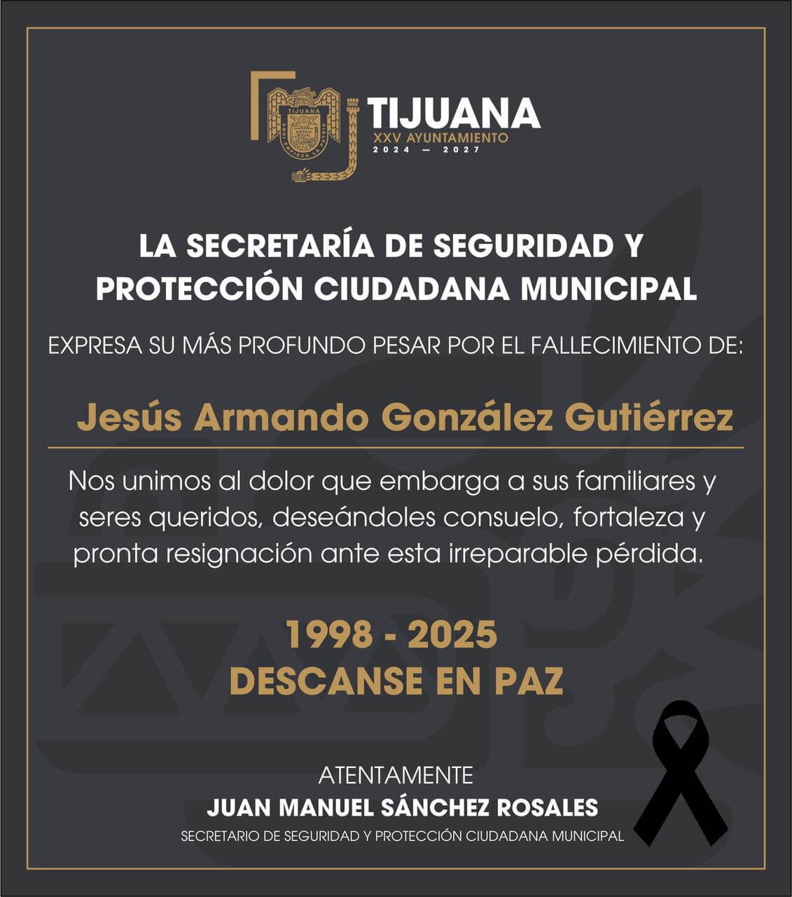Lamenta SSPCM el fallecimiento del agente municipal Jesús Armando González Gutiérrez